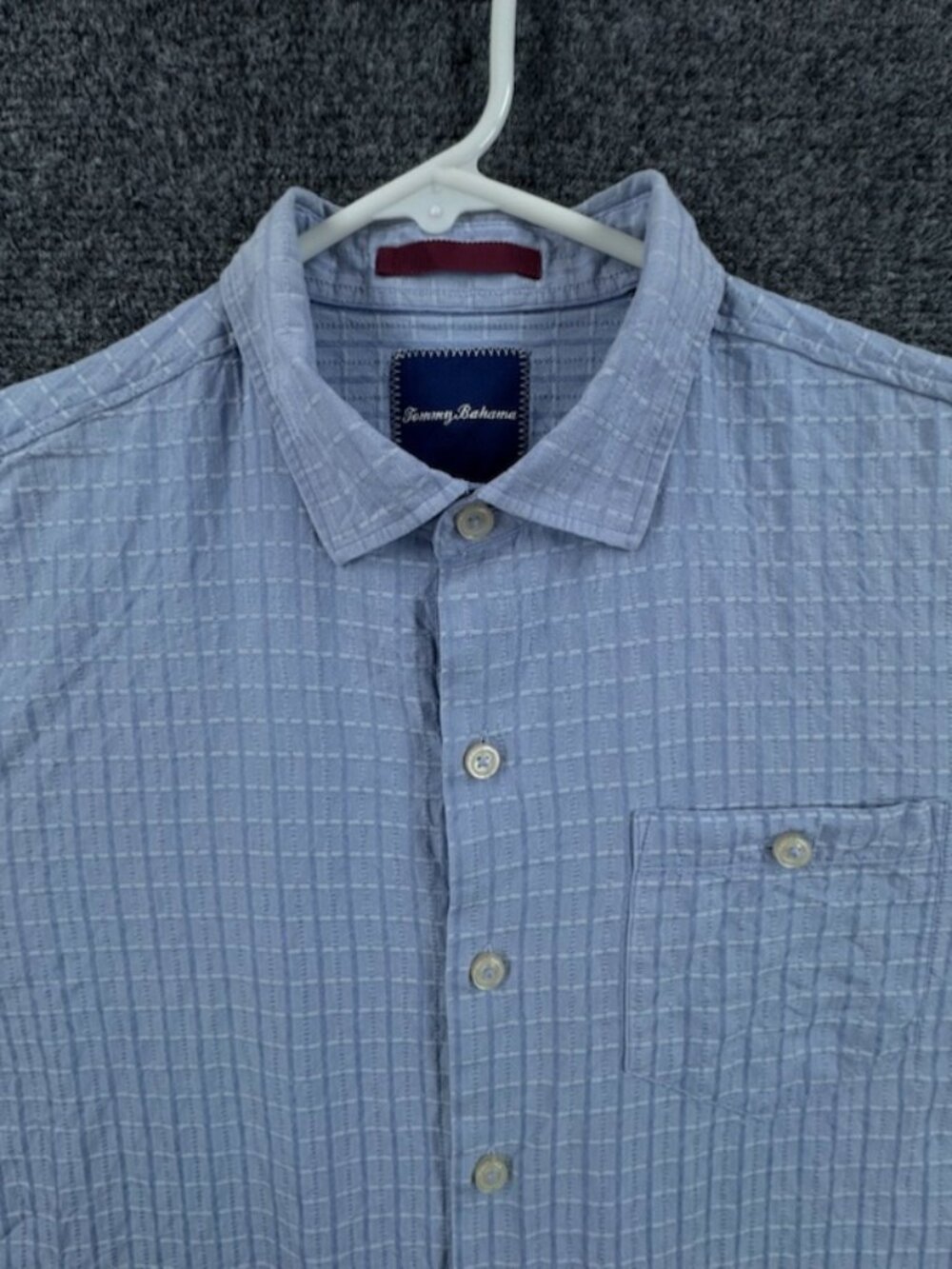 Tommy Bahama Check Medium Blue Shirt Hawaiian Mens Button Up Silk Cotton Pocket